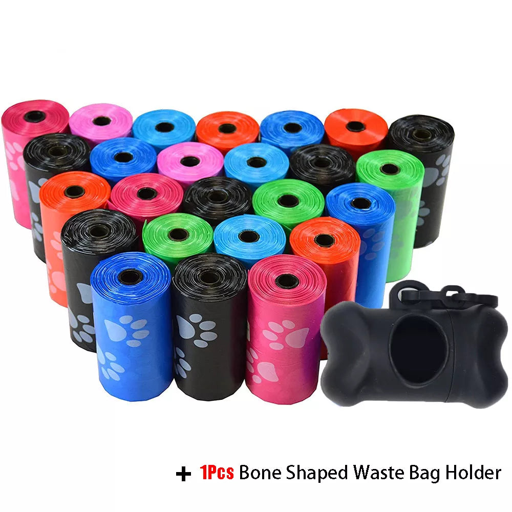 Pet Poop Bags Disposable Dog Waste Bags, Bulk Poop Bags with Leash Clip and Bone Bag Dispenser 5Roll(75Pcs) Bags with Paw Prints